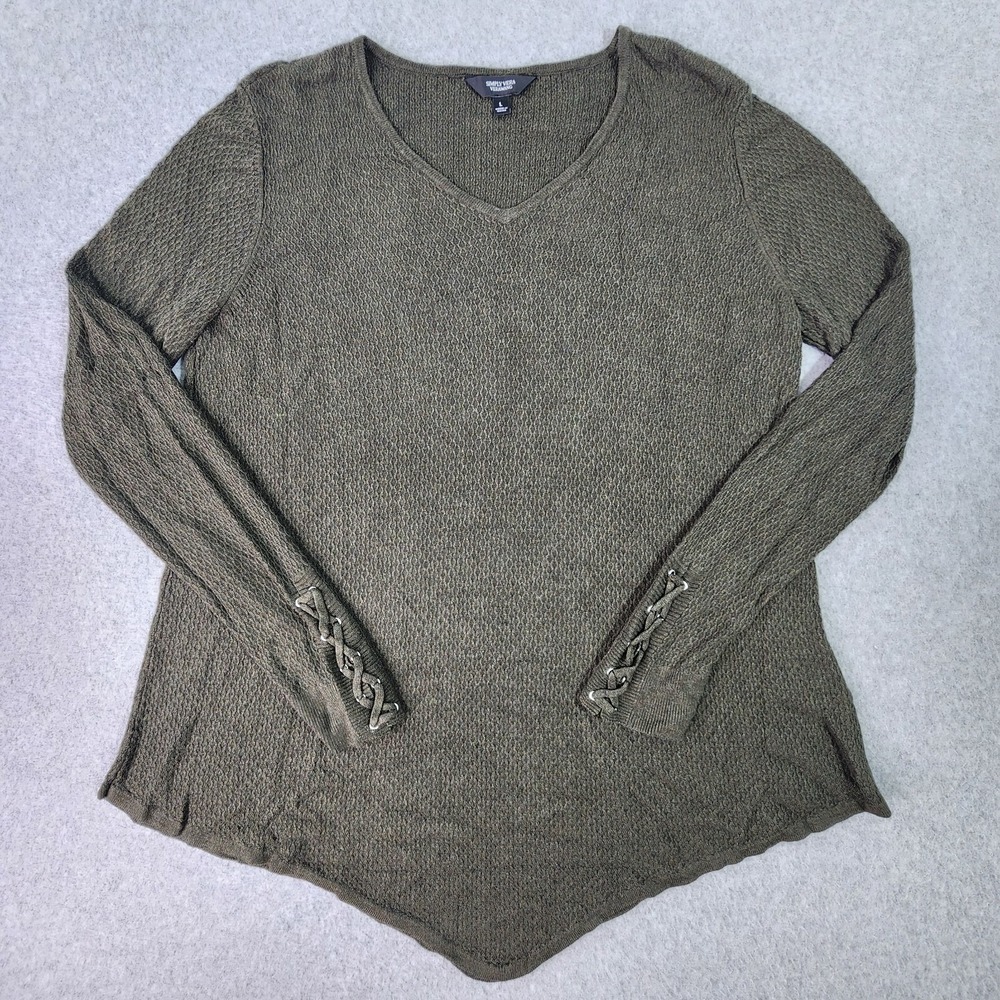 Simply Vera Wang V-Neck Sweater‎ Womans Large Olive Green Lace Up Sleeve